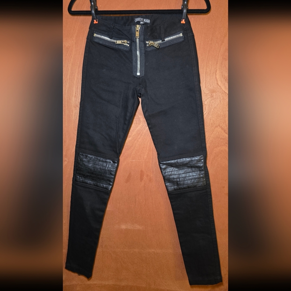 Dolls Kill Current Mood Low Rise Moto Jeans Pants Faux Leather Knees